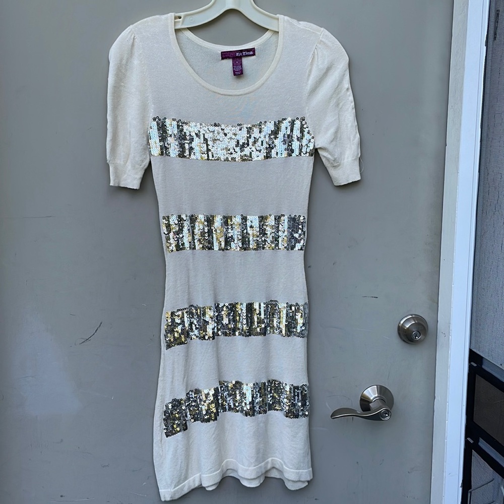 Epic Threads Silver Sequined Striped Cream Knit Mini Dress. Size Small.